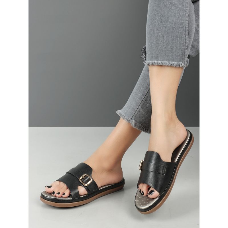 Iconics Women Black Comfort Flat Sandals (EURO 36)