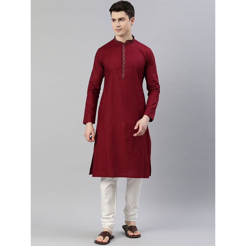 Manthan Mens Maroon Cotton Solid Kurtas (S)