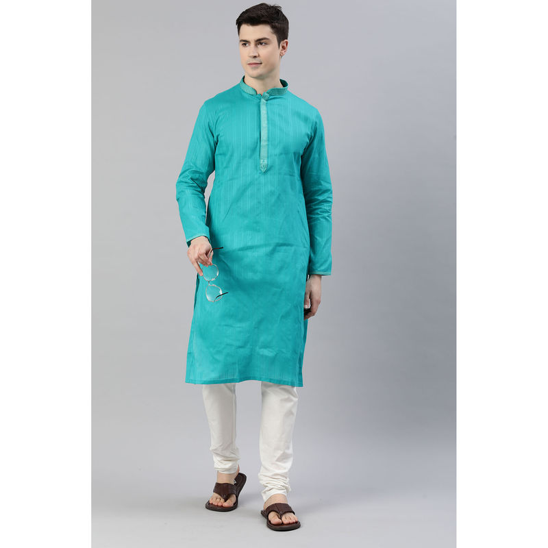 Manthan Mens Teal Green Cotton Checks Kurtas (S)