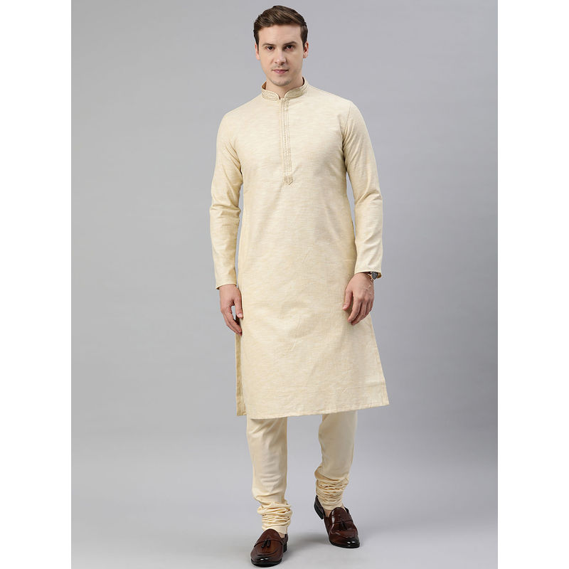 Manthan Mens Beige Blended Cotton Solid Kurtas (L)