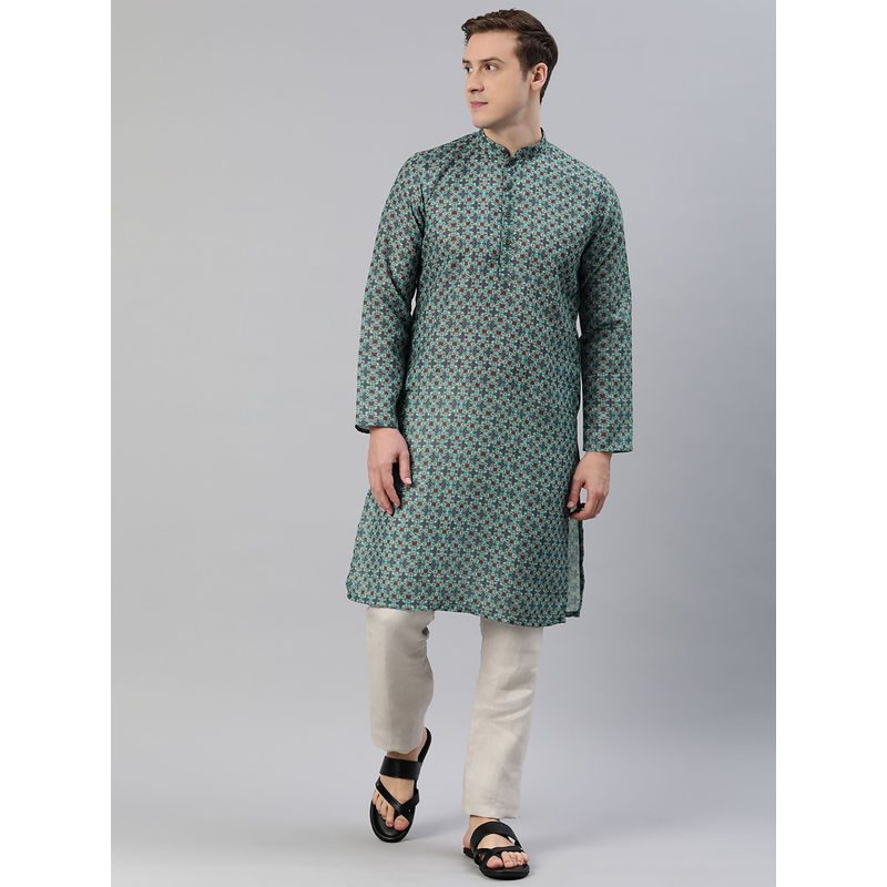 Manthan Mens Dark Green Art Silk Printed Kurtas (S)
