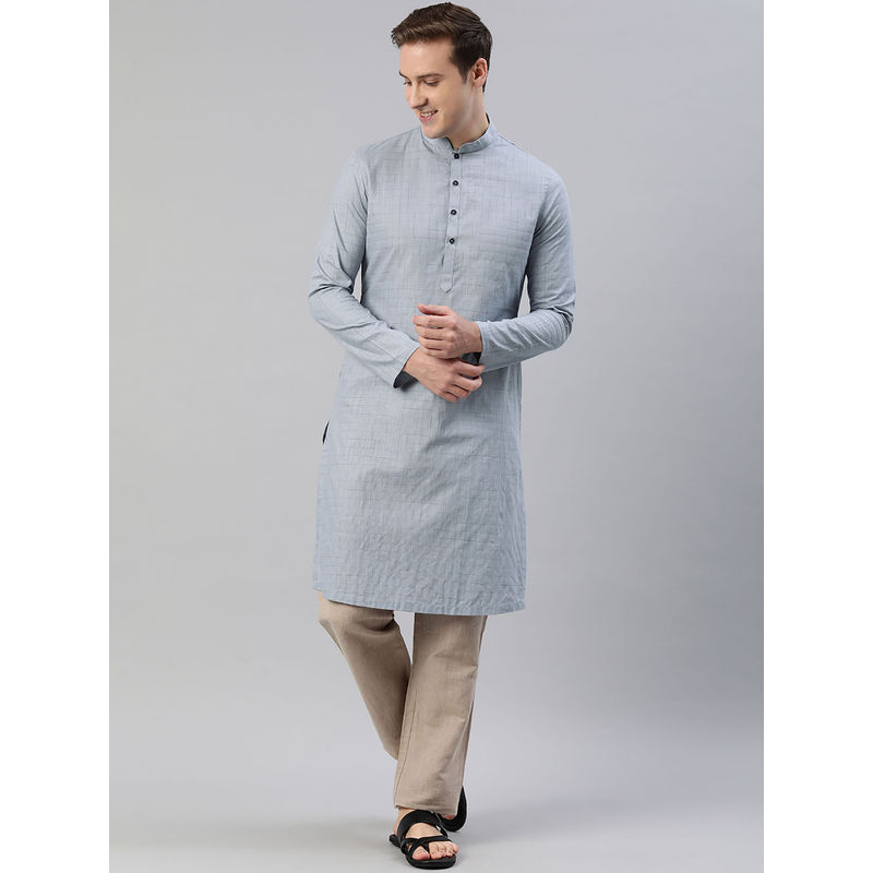 Manthan Mens Dark Grey Cotton Checks Kurtas (S)