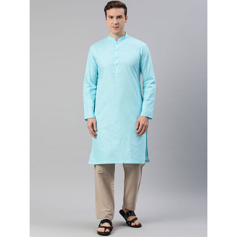 Manthan Mens Aqua Green Cotton Checks Kurtas (S)