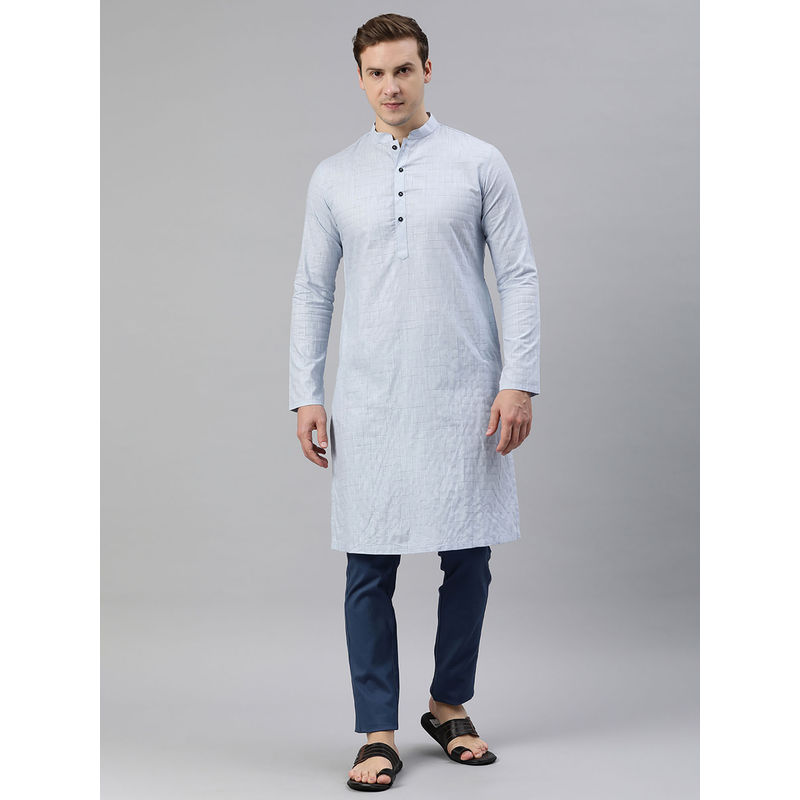 Manthan Mens Light Blue Cotton Checks Kurtas (S)