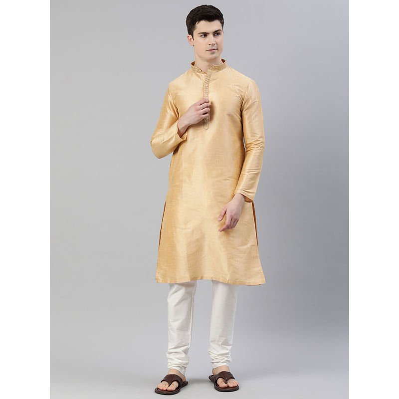 Manthan Mens Fawn Art Silk Solid Kurtas (M)