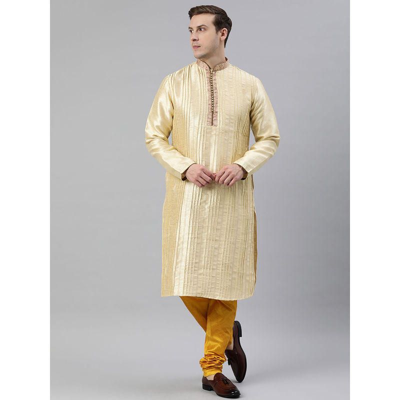 Manthan Mens Beige Blended Cotton Self Design Kurtas (S)