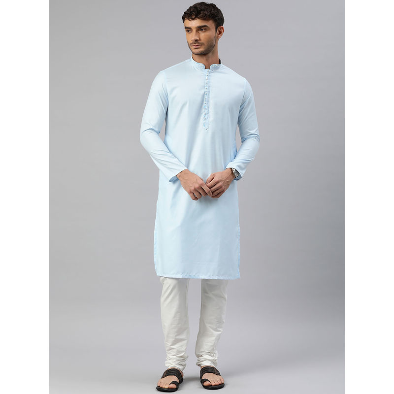 Manthan Mens Light Blue Blended Viscose Self Design Kurta Churidar (Set of 2) (S)