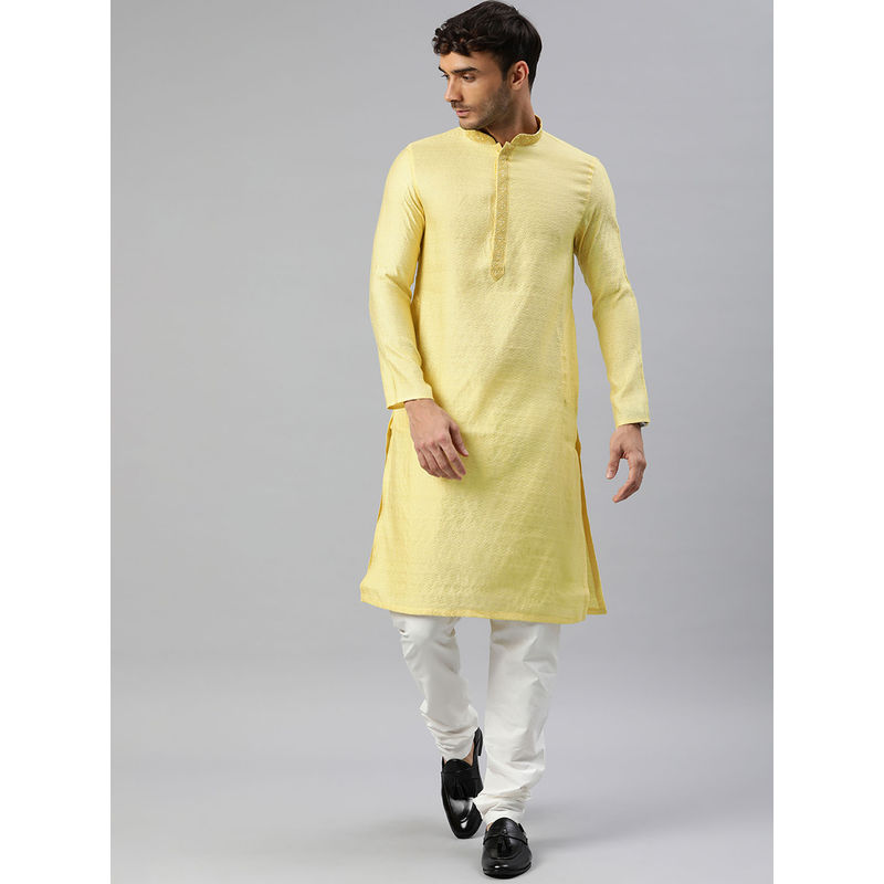 Manthan Mens Yellow Blended Viscose Self Design Kurta Churidar (Set of 2) (2XL)