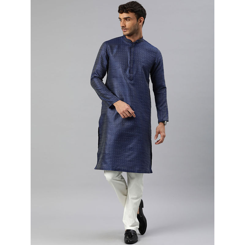 Manthan Mens Dark Blue Art Silk Self Design Kurta Churidar (Set of 2) (S)