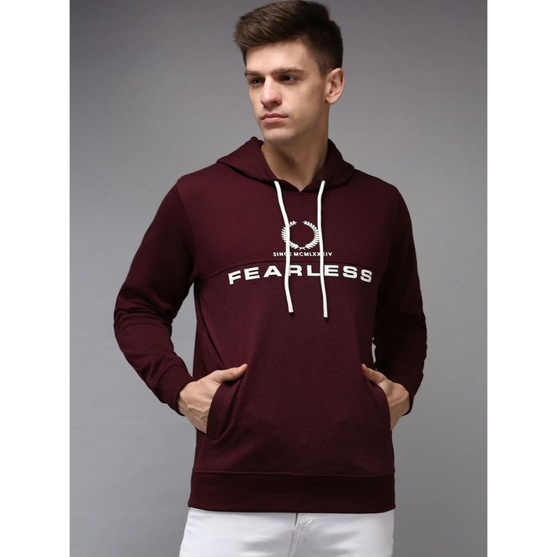 SHOWOFF Men Hooded Neck Burgundy Printed Sweatshirt (2XL)