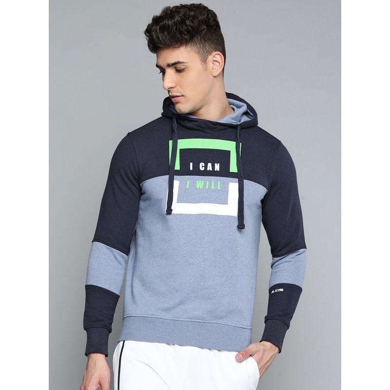 Alcis Men Blue Colour blocked Hooded Sweatshirt With Print Detail (L)
