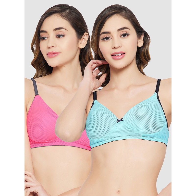 Clovia Pack Of 2 Level 1 Push-Up Padded Non-Wired Demi Cup Floral Print T-Shirt Bra - Pink (32C)