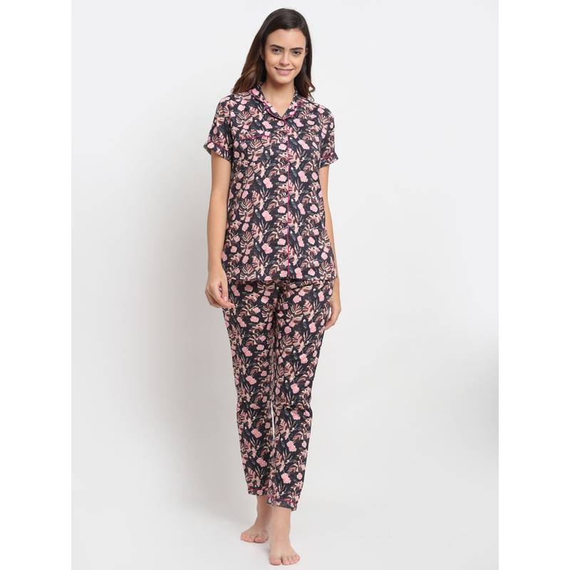 AOBA Women Charcoal Grey & Pink Printed Printed Pyjamas Set (M)