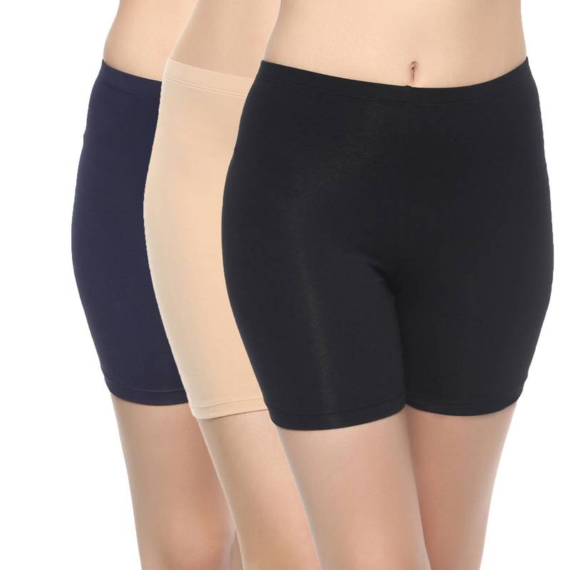 SOIE Mid Rise Breathable Cotton Spandex Knee Length Cycling Shorts-Pack of 3-Multi-Color (S)