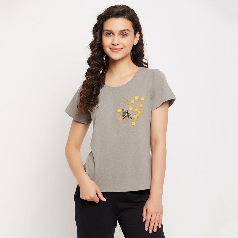 Clovia Bee Embroidered Top In Grey Melange - 100 Percent Cotton (S)
