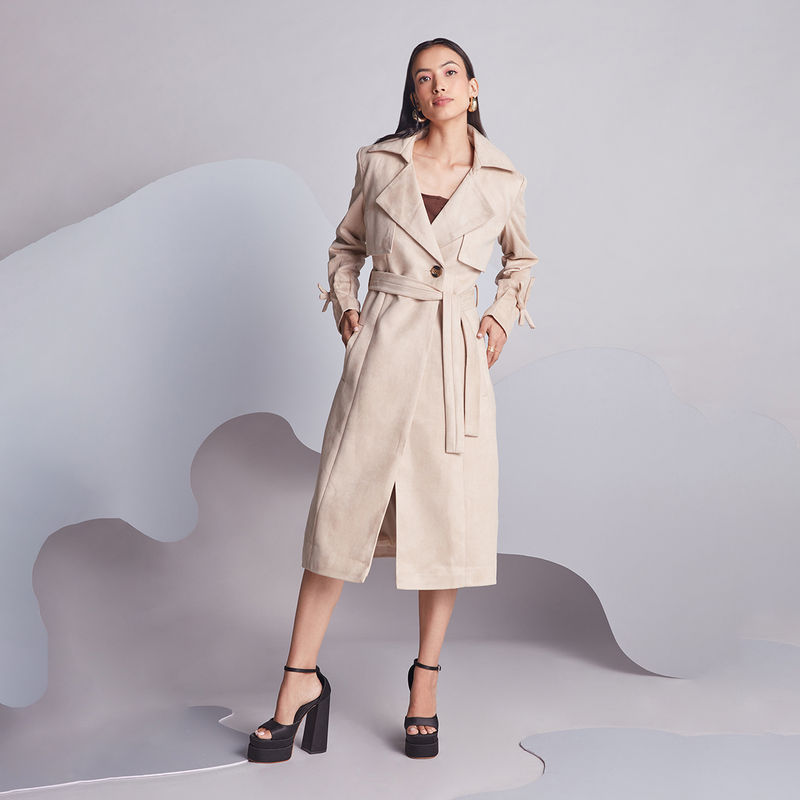 Twenty Dresses by Nykaa Fashion Ivory Tie Up Mid Calf Overcoat (Set of 2) (M)