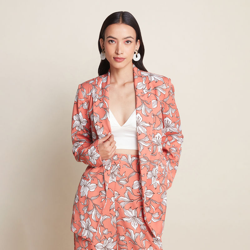 Twenty Dresses by Nykaa Fashion Work Rust And White Floral Printed Notched Longline Blazer (XS)