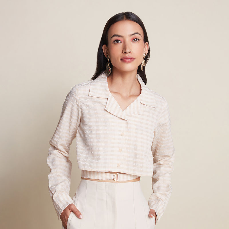 Twenty Dresses by Nykaa Fashion Work Cream Self Design Resort Collar Crop Tie Up Shirt (XS)