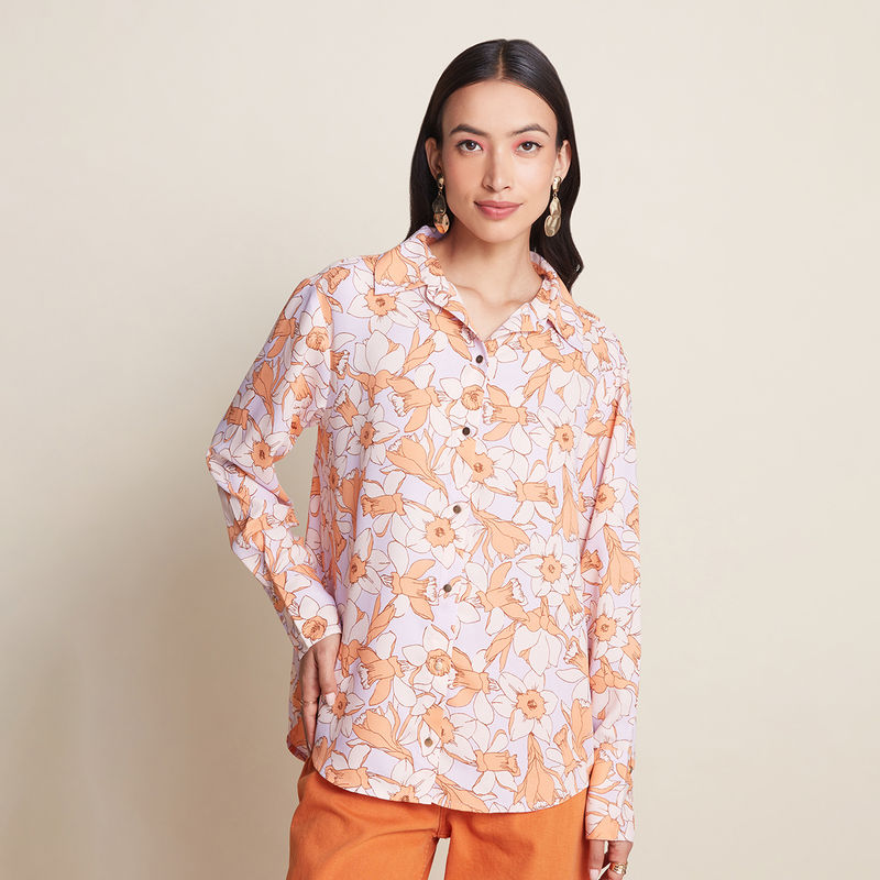 Twenty Dresses by Nykaa Fashion Work Lavender And Orange Floral Printed Shirt (L)
