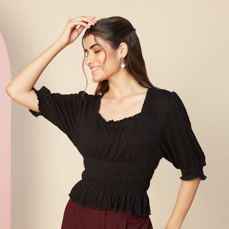 Twenty Dresses by Nykaa Fashion Black Solid Square Neck Peplum Top (S)