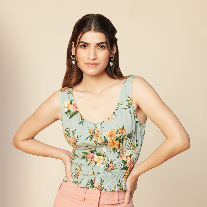 Twenty Dresses by Nykaa Fashion Green Floral Printed Round Neck Sleeveless Peplum Top (XS)