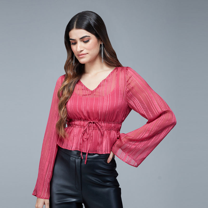 Twenty Dresses by Nykaa Fashion Pink Striped Bell Sleeves Crop Top (M)