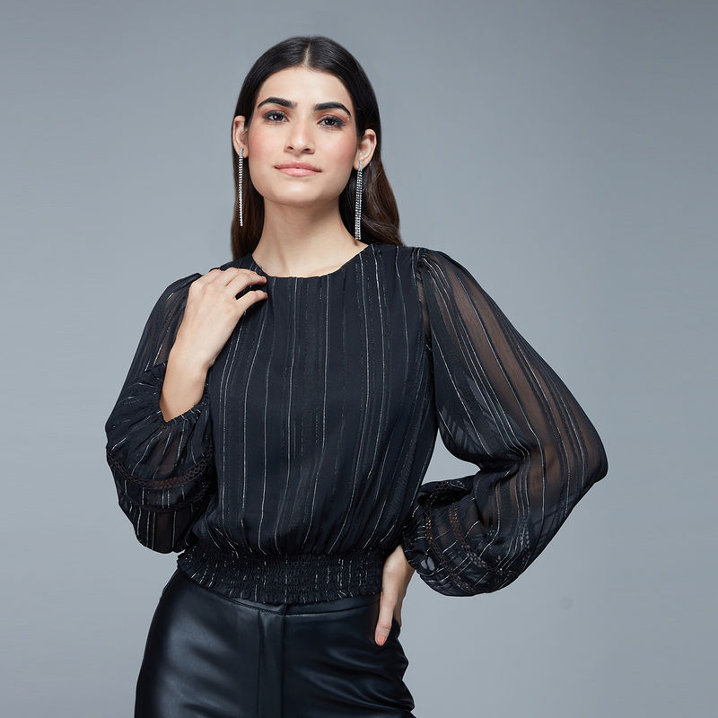 Twenty Dresses by Nykaa Fashion Black Striped Bishop Sleeves Crop Top (2XL)