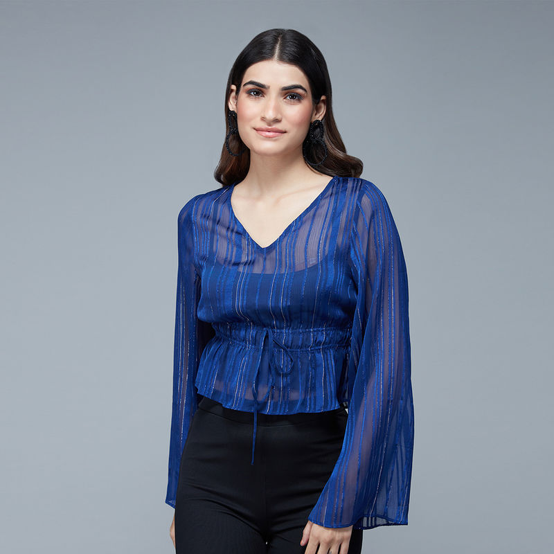 Twenty Dresses by Nykaa Fashion Midnight Blue Striped Bell Sleeves Crop Top (S)