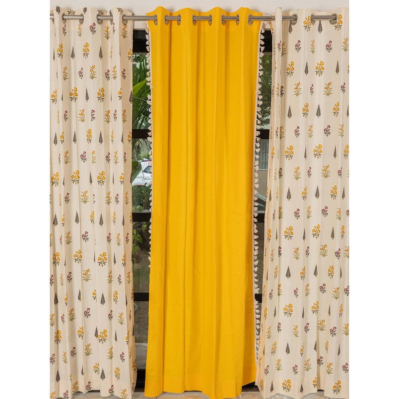 Urban Space Cotton Curtains for Long Door - Hgy & Aura Yellow (Pack of 3) (8x4 feet)