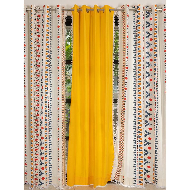 Urban Space Cotton Curtains for Door - Ikat Orange & Aura Yellow (Pack of 3) (7x4 feet)