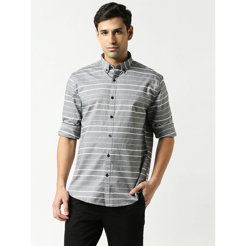 Dragon Hill Grey Melange Oxford Horizontal Striped Shirt (L)