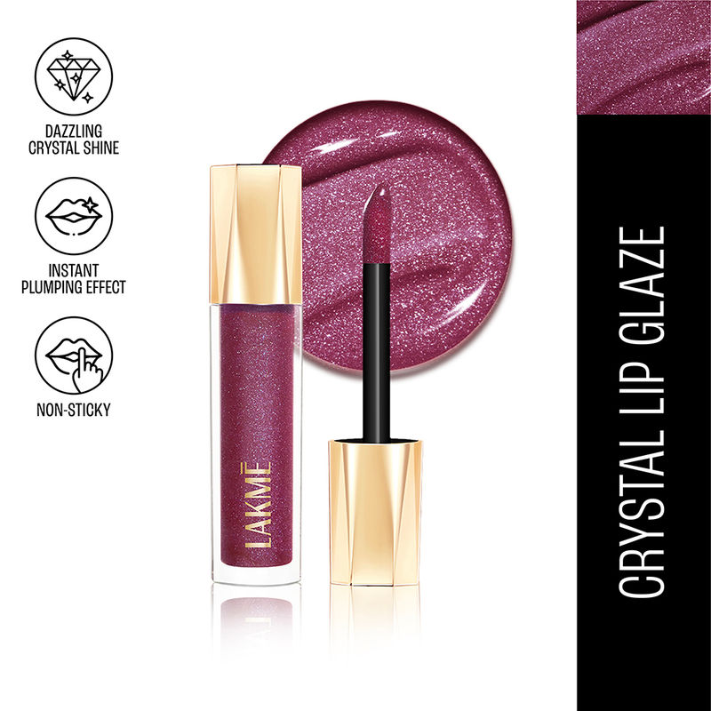 Lakme Glitterati Lip Glaze, High Shine Plumper Lip Gloss Oil With Collagen - Berry Sparkler