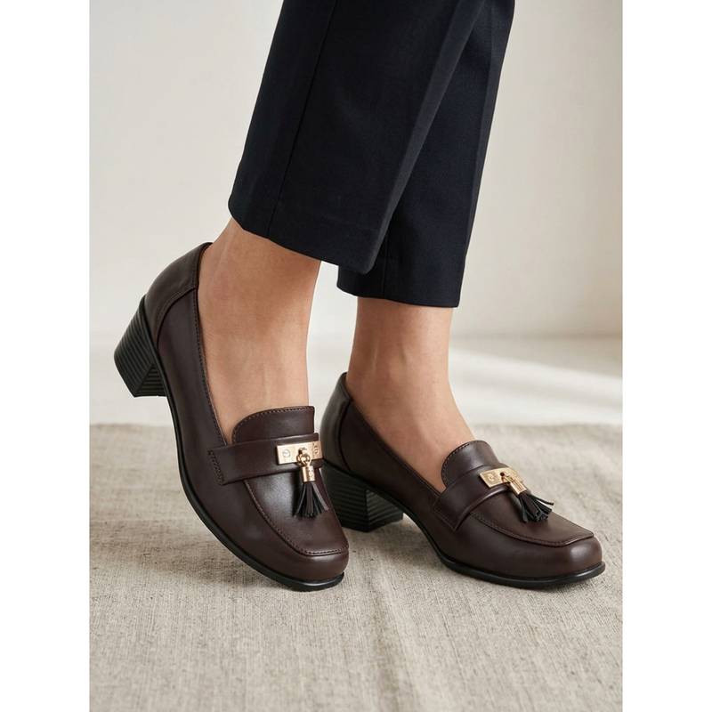 ELLE Women Brown Chic Heeled Tassel Comfortable Slip-On Loafers (EURO 36)