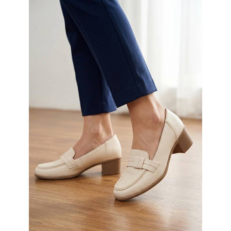 ELLE Women Cream Sophisticated Pebbled Slip-On Heeled Loafers (EURO 36)
