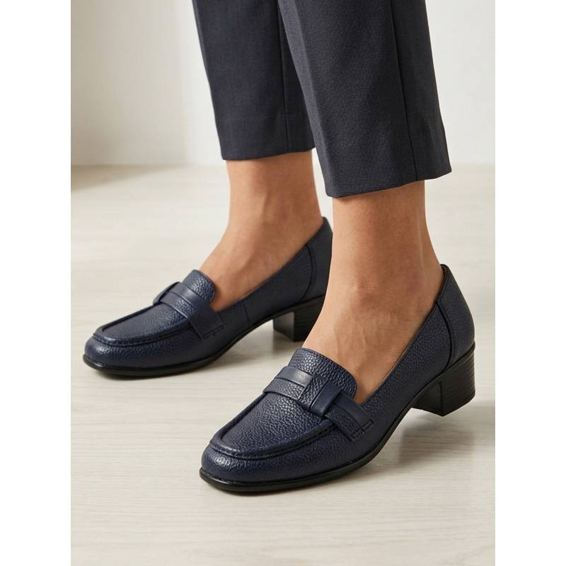 ELLE Women Navy Blue Sophisticated Pebbled Slip-On Heeled Loafers (EURO 36)