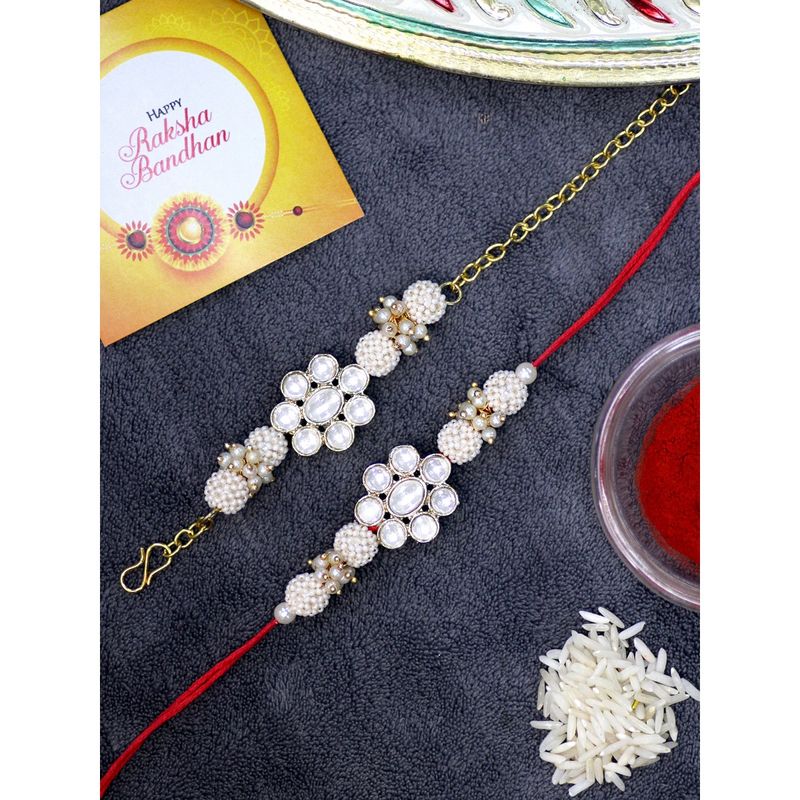 MANBHAR GEMS Pearl & Kundan Rakhi Set For Brother & Bhabhi - Combo Of 2 With Roli & Chawal, 7 Inch - View #12