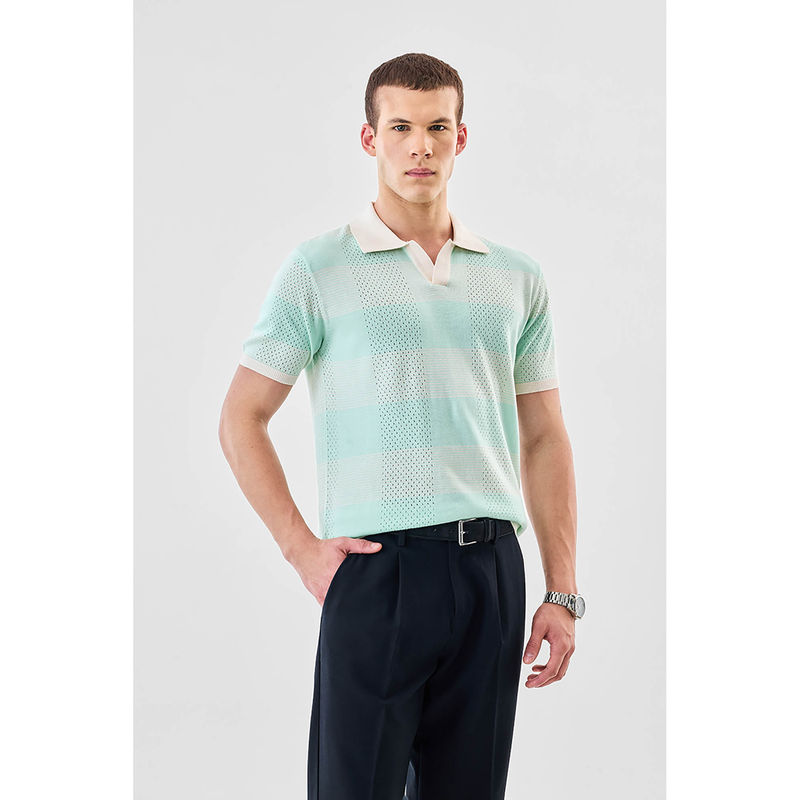 Snitch Mint Checks Half Sleeves Regular Casual Polo T-Shirt for Men (XS)