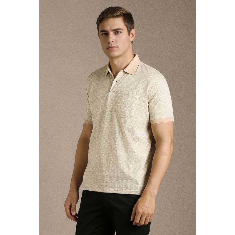 Louis Philippe Men Beige Print Collar Neck Polo T-Shirt (M)