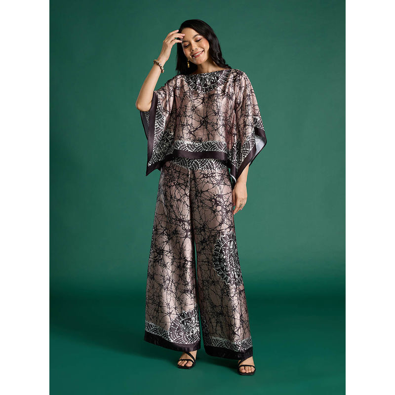 Gajra Gang Grey Satin Marble Print Kaftan Top & Pant Desert Rani (Set of 2) (XS)