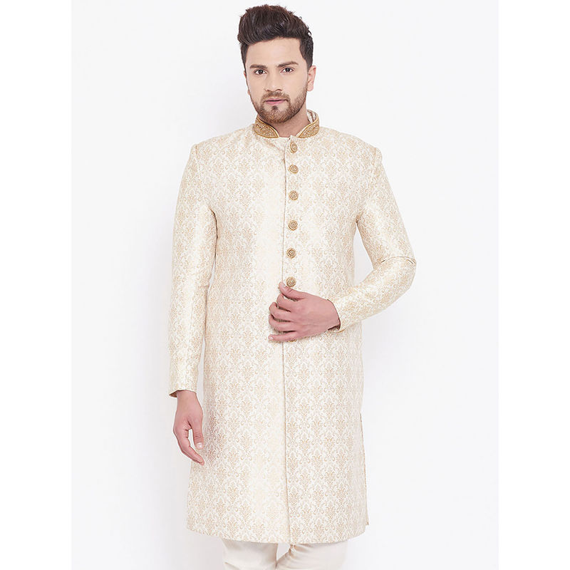 Vastramay Men's Beige and Gold Silk Blend Sherwani (2Xl)