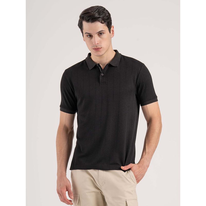 Red Tape Black Self Design Regular Fit Polo T-Shirt (L)