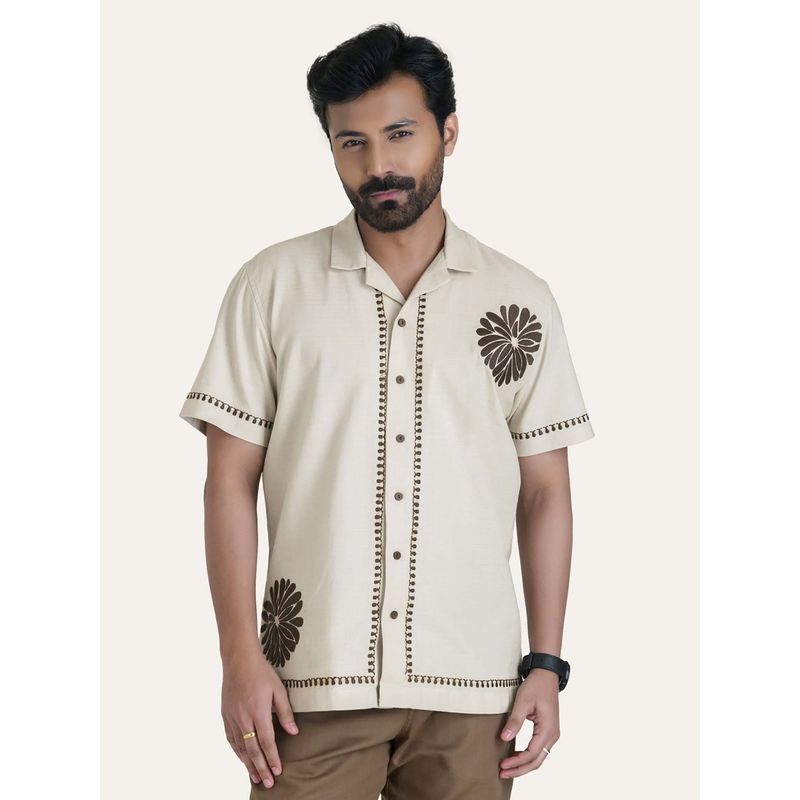 Perch Beige Embroidered Relaxed Fit Shirt (XS)