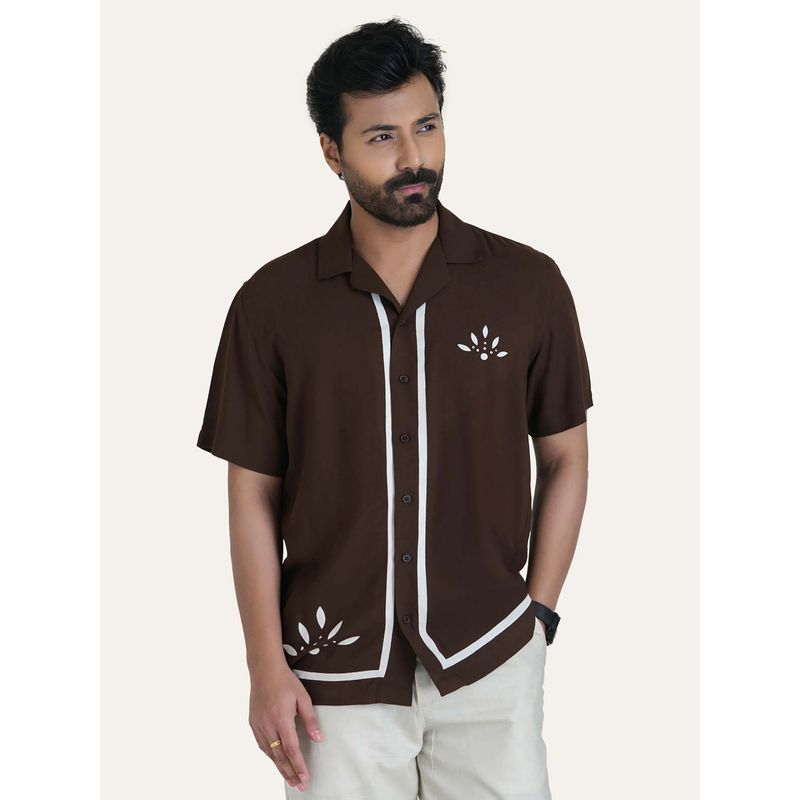 Perch Brown Printed Relaxed Fit Shirt (XS)