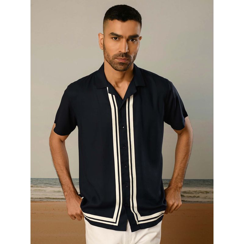 Perch Navy Blue Printed Relaxed Fit Shirt (L)