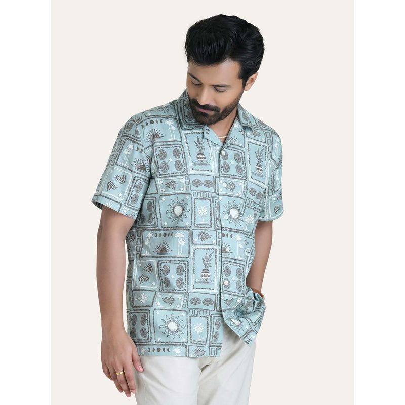 Perch Green Printed Relaxed Fit Shirt (S)