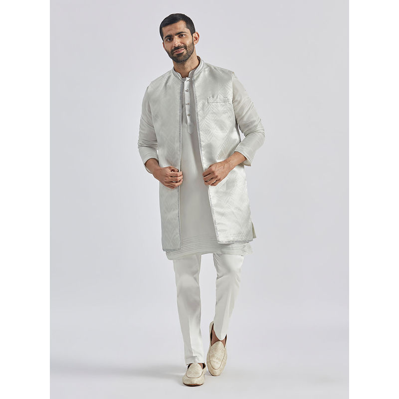 Vastramay Silk Blend Jacquard Front Open Jacket with Solid Kurta and Pant (Set of 3) (M)