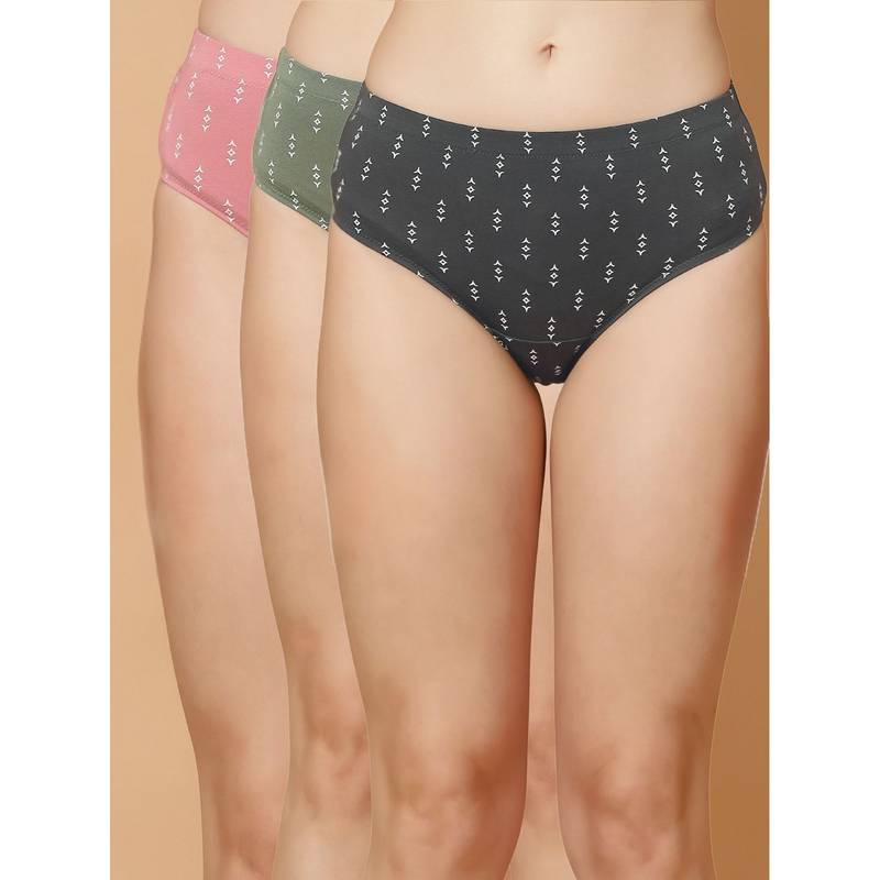 SOIE Multi-Colour Women High Rise Stretch Cotton Hipster Panty (Pack of 3) (L)