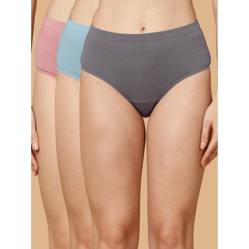 SOIE Multi-Colour Women High Waist Full Coverage Solid Cotton Hipster (Pack of 3) (S)