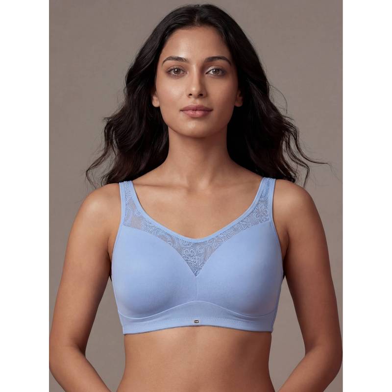 SOIE Blue Women Padded Non-Wired Full Coverage Lace Cami Bra (36B)