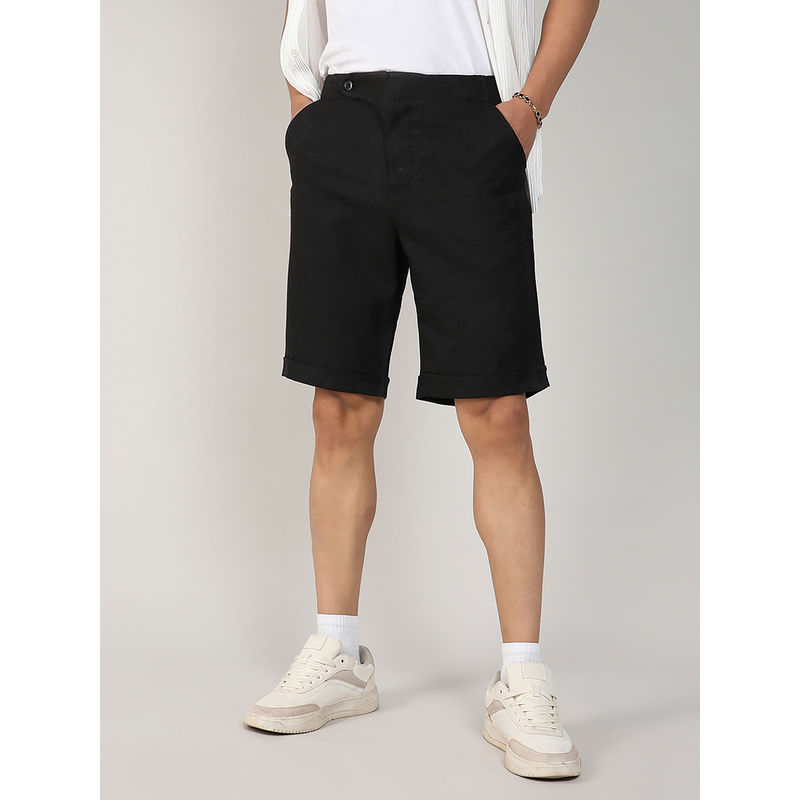 Campus Sutra Mens Onyx Black Tailored Poly-Linen Shorts (32)